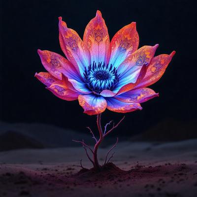 The primary subject of the image is a single, colorful flower with a long stem, sitting in a dirt field. The setting is a dark, possibly nighttime, environment, with a backdrop of a dark sky. The visual style of the image is a combination of photo and digital art, creating a unique and vibrant appearance. The dominant colors in the image are the bright, colorful hues of the flower and the darker tones of the sky and dirt field. The overall atmosphere of the image is one of